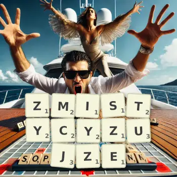 Kreatywna ilustracja do gry w Scrabble ze słowem ZMISTYCYZUJZE ułożonym z płytek na planszy.