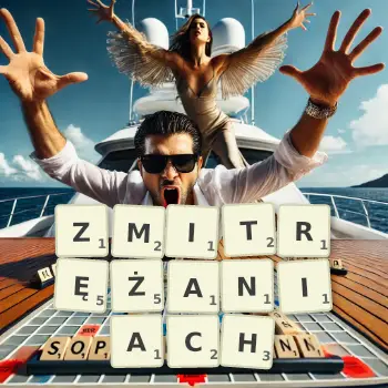 Kreatywna ilustracja do gry w Scrabble ze słowem ZMITRĘŻANIACH ułożonym z płytek na planszy.