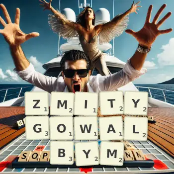 Kreatywna ilustracja do gry w Scrabble ze słowem ZMITYGOWALBYM ułożonym z płytek na planszy.
