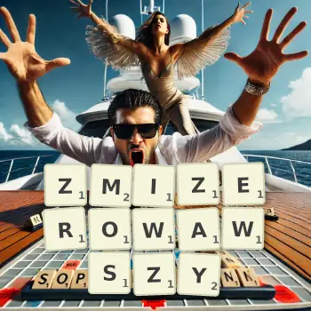 Kreatywna ilustracja do gry w Scrabble ze słowem ZMIZEROWAWSZY ułożonym z płytek na planszy.