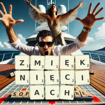 Kreatywna ilustracja do gry w Scrabble ze słowem ZMIĘKNIĘCIACH ułożonym z płytek na planszy.