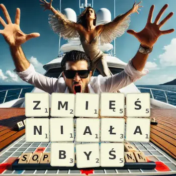 Kreatywna ilustracja do gry w Scrabble ze słowem ZMIĘŚNIAŁABYŚ ułożonym z płytek na planszy.