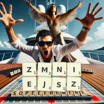 Kreatywna ilustracja do gry w Scrabble ze słowem ZMNIEJSZ ułożonym z płytek na planszy.