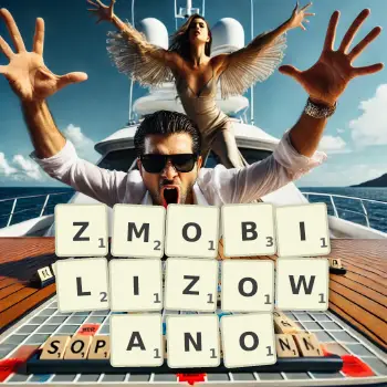 Kreatywna ilustracja do gry w Scrabble ze słowem ZMOBILIZOWANO ułożonym z płytek na planszy.
