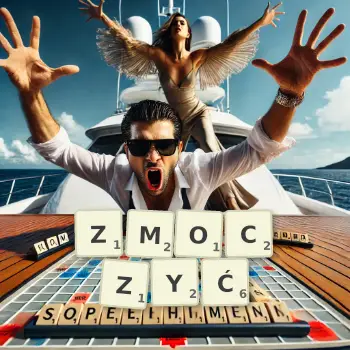 Kreatywna ilustracja do gry w Scrabble ze słowem ZMOCZYĆ ułożonym z płytek na planszy.
