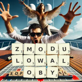 Kreatywna ilustracja do gry w Scrabble ze słowem ZMODULOWALOBY ułożonym z płytek na planszy.