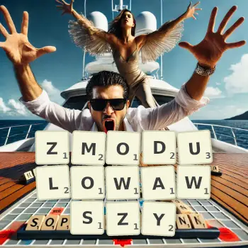 Kreatywna ilustracja do gry w Scrabble ze słowem ZMODULOWAWSZY ułożonym z płytek na planszy.