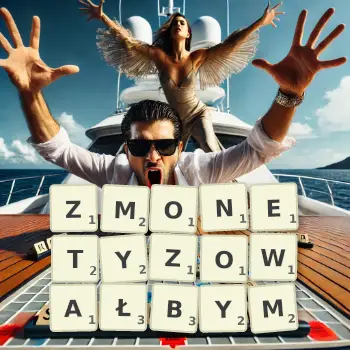 Kreatywna ilustracja do gry w Scrabble ze słowem ZMONETYZOWAŁBYM ułożonym z płytek na planszy.