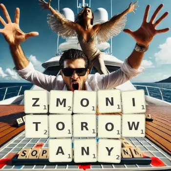 Kreatywna ilustracja do gry w Scrabble ze słowem ZMONITOROWANY ułożonym z płytek na planszy.