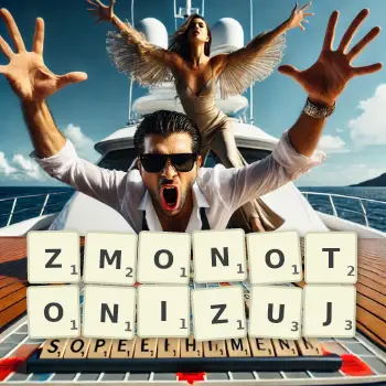 Kreatywna ilustracja do gry w Scrabble ze słowem ZMONOTONIZUJ ułożonym z płytek na planszy.