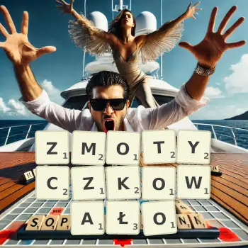 Kreatywna ilustracja do gry w Scrabble ze słowem ZMOTYCZKOWAŁO ułożonym z płytek na planszy.