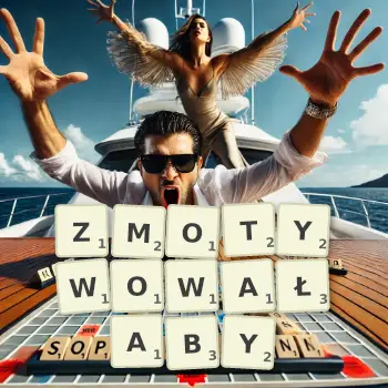 Kreatywna ilustracja do gry w Scrabble ze słowem ZMOTYWOWAŁABY ułożonym z płytek na planszy.
