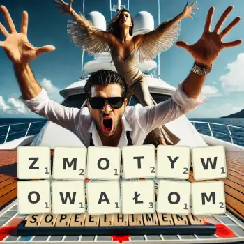 Kreatywna ilustracja do gry w Scrabble ze słowem ZMOTYWOWAŁOM ułożonym z płytek na planszy.