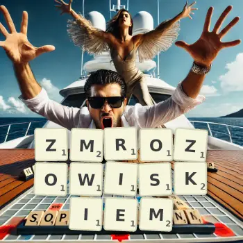 Kreatywna ilustracja do gry w Scrabble ze słowem ZMROZOWISKIEM ułożonym z płytek na planszy.
