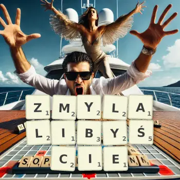 Kreatywna ilustracja do gry w Scrabble ze słowem ZMYLALIBYŚCIE ułożonym z płytek na planszy.
