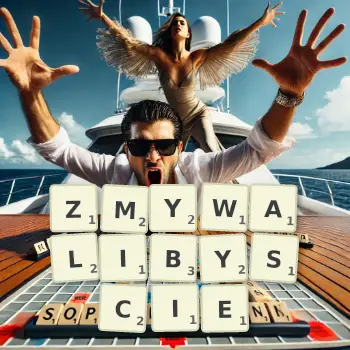 Kreatywna ilustracja do gry w Scrabble ze słowem ZMYWALIBYSCIE ułożonym z płytek na planszy.