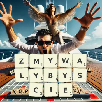 Kreatywna ilustracja do gry w Scrabble ze słowem ZMYWALYBYSCIE ułożonym z płytek na planszy.