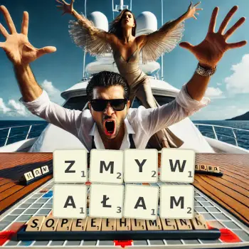 Kreatywna ilustracja do gry w Scrabble ze słowem ZMYWAŁAM ułożonym z płytek na planszy.