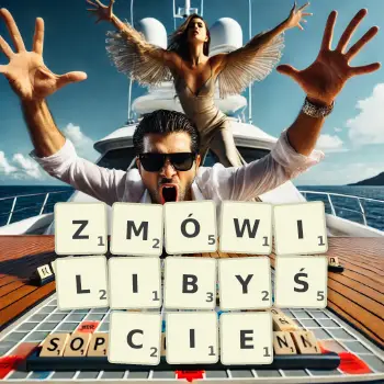 Kreatywna ilustracja do gry w Scrabble ze słowem ZMÓWILIBYŚCIE ułożonym z płytek na planszy.