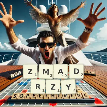 Kreatywna ilustracja do gry w Scrabble ze słowem ZMĄDRZY ułożonym z płytek na planszy.