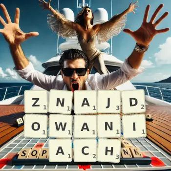 Kreatywna ilustracja do gry w Scrabble ze słowem ZNAJDOWANIACH ułożonym z płytek na planszy.