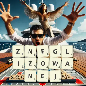Kreatywna ilustracja do gry w Scrabble ze słowem ZNEGLIŻOWANEJ ułożonym z płytek na planszy.