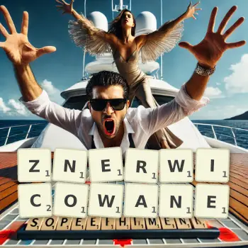 Kreatywna ilustracja do gry w Scrabble ze słowem ZNERWICOWANE ułożonym z płytek na planszy.