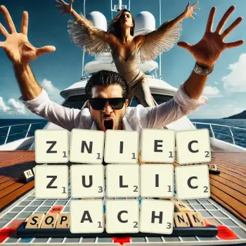 Kreatywna ilustracja do gry w Scrabble ze słowem ZNIECZULICACH ułożonym z płytek na planszy.