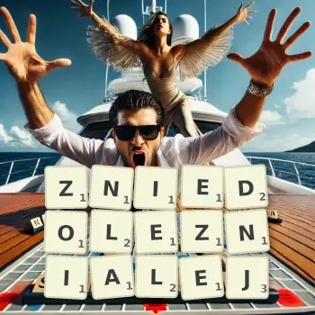 Kreatywna ilustracja do gry w Scrabble ze słowem ZNIEDOLEZNIALEJ ułożonym z płytek na planszy.