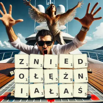 Kreatywna ilustracja do gry w Scrabble ze słowem ZNIEDOŁĘŻNIAŁAŚ ułożonym z płytek na planszy.
