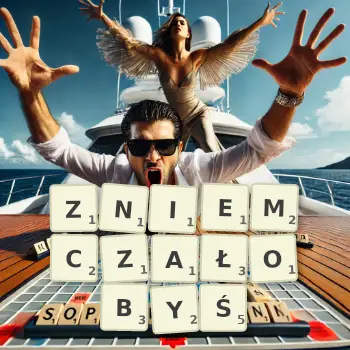 Kreatywna ilustracja do gry w Scrabble ze słowem ZNIEMCZAŁOBYŚ ułożonym z płytek na planszy.
