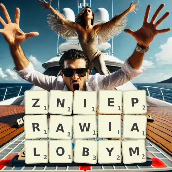 Kreatywna ilustracja do gry w Scrabble ze słowem ZNIEPRAWIALOBYM ułożonym z płytek na planszy.