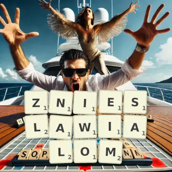 Kreatywna ilustracja do gry w Scrabble ze słowem ZNIESLAWIALOM ułożonym z płytek na planszy.
