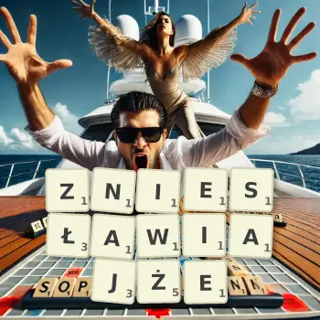 Kreatywna ilustracja do gry w Scrabble ze słowem ZNIESŁAWIAJŻE ułożonym z płytek na planszy.