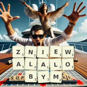 Kreatywna ilustracja do gry w Scrabble ze słowem ZNIEWALALOBYM ułożonym z płytek na planszy.