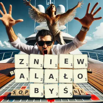 Kreatywna ilustracja do gry w Scrabble ze słowem ZNIEWALAŁOBYŚ ułożonym z płytek na planszy.