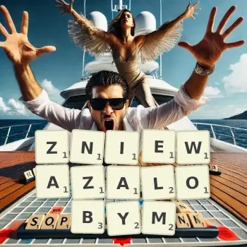 Kreatywna ilustracja do gry w Scrabble ze słowem ZNIEWAZALOBYM ułożonym z płytek na planszy.