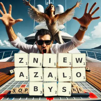 Kreatywna ilustracja do gry w Scrabble ze słowem ZNIEWAZALOBYS ułożonym z płytek na planszy.