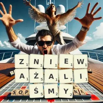 Kreatywna ilustracja do gry w Scrabble ze słowem ZNIEWAŻALIŚMY ułożonym z płytek na planszy.