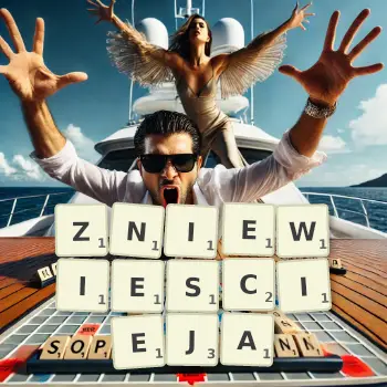 Kreatywna ilustracja do gry w Scrabble ze słowem ZNIEWIESCIEJA ułożonym z płytek na planszy.