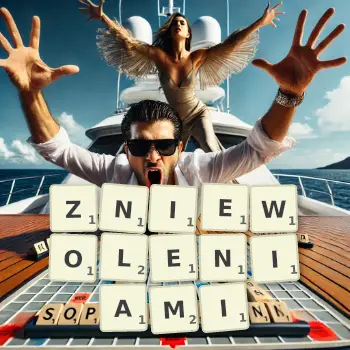 Kreatywna ilustracja do gry w Scrabble ze słowem ZNIEWOLENIAMI ułożonym z płytek na planszy.