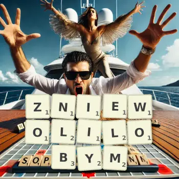 Kreatywna ilustracja do gry w Scrabble ze słowem ZNIEWOLILOBYM ułożonym z płytek na planszy.