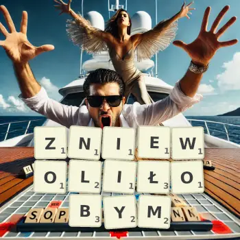 Kreatywna ilustracja do gry w Scrabble ze słowem ZNIEWOLIŁOBYM ułożonym z płytek na planszy.