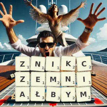 Kreatywna ilustracja do gry w Scrabble ze słowem ZNIKCZEMNIAŁBYM ułożonym z płytek na planszy.