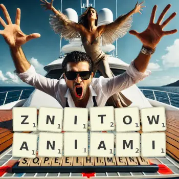 Kreatywna ilustracja do gry w Scrabble ze słowem ZNITOWANIAMI ułożonym z płytek na planszy.