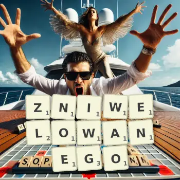 Kreatywna ilustracja do gry w Scrabble ze słowem ZNIWELOWANEGO ułożonym z płytek na planszy.