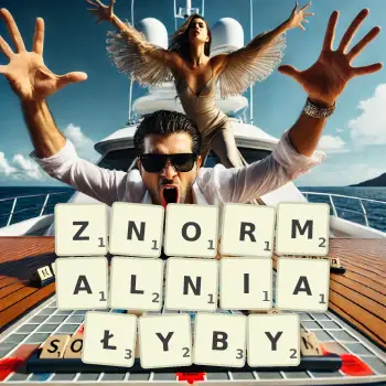 Kreatywna ilustracja do gry w Scrabble ze słowem ZNORMALNIAŁYBY ułożonym z płytek na planszy.