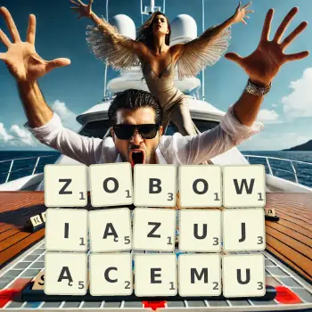 Kreatywna ilustracja do gry w Scrabble ze słowem ZOBOWIĄZUJĄCEMU ułożonym z płytek na planszy.