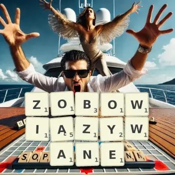 Kreatywna ilustracja do gry w Scrabble ze słowem ZOBOWIĄZYWANE ułożonym z płytek na planszy.