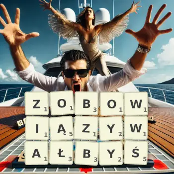 Kreatywna ilustracja do gry w Scrabble ze słowem ZOBOWIĄZYWAŁBYŚ ułożonym z płytek na planszy.